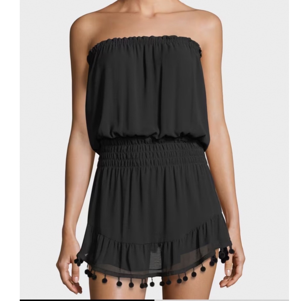 Ramy Brook Marcie Strapless Pom Pom Coverup Dress Black Fits XS/S (Tag Missing)